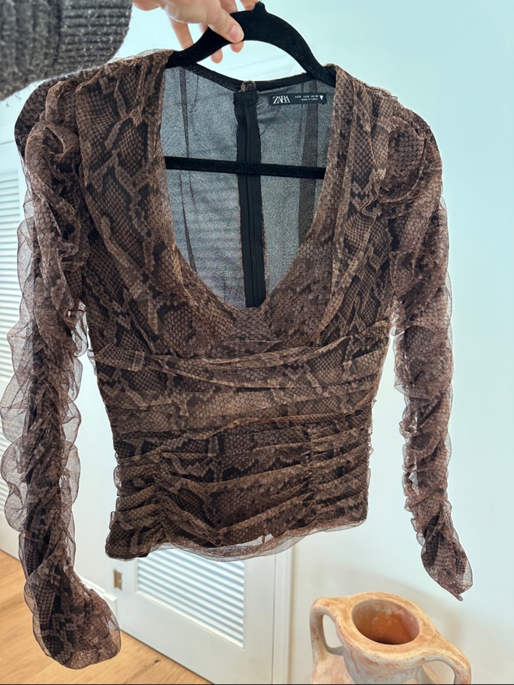 Zara Snake Print Mesh Ruched Top Long Sleeve S